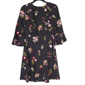 Kate Spade 100% SILK In Bloom Ruffle Dress Women’s Size 2 Black Floral‎